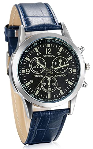 JewelryWe Herren Armbanduhr, Retro Klassische Leder Band Quarz Analog Uhr mit Digital Zifferblatt, Blau