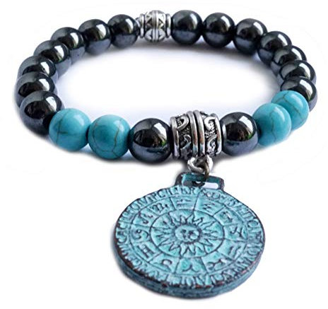Edelstein Armband Türkis + Hämatit mit Sternzeichen Sonnenscheibe – Yoga Spiritualität Esoterik Astrologie Blutstein