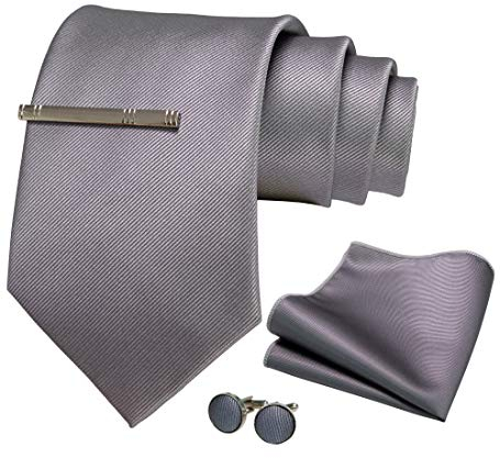 JEMYGINS Herren 9cm Breit Extra lang Krawatte und Einstecktuch Krawattenklammer Set Geeigneter Hochzeit Fest,grau