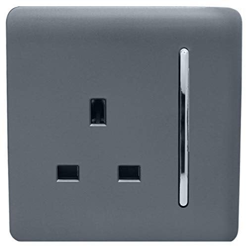 Trendi 1 Gang Raised Artistic Modern Glossy Screwless 13 Amp Single Pole with Chrome Switched UK Standard Electrical Double Wall Plug Socket in Warm Grey - ART-SKT13WG