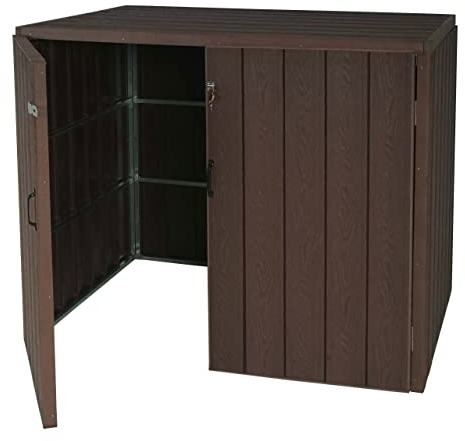 XL 2er-/4er-WPC-Mülltonnenverkleidung HWC-J28, Premium Mülltonnenbox, Metall Holzoptik, erweiterbar - braun