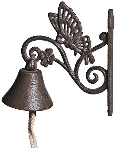 Door Bell Cast Iron Door Knocker Hanging Door Chime Wall Mounted Butterfly Bracket Doorbell with Rope Handle Pull Spring Summer Garden Gift