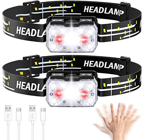 Lsnisni Stirnlampe LED Wiederaufladbar 2 Stück, Kopflampe mit Rotlicht und Haken, 2000 Lumens, Bewegungssensor, 6 Lichtmodi, IPX5 Wasserdichte für Kinder und Erwachsene Camping, Joggen, Angeln