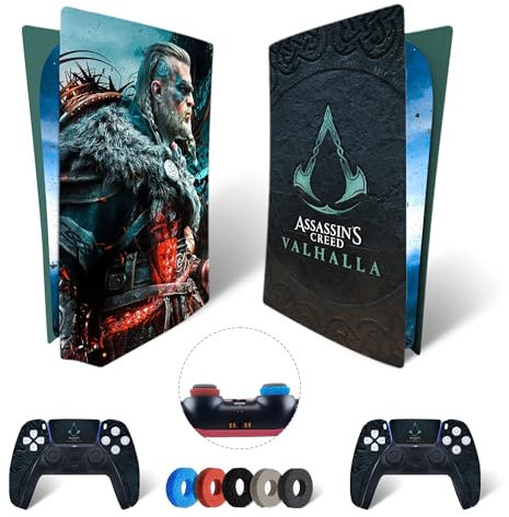 MaD Vision® Extra-Haltbares Skin-Set aus Vinyl für PS5 Disc + 5 Paar Aiming Rings | Kratzfestes Aufkleber-Set für Playstation 5 + 2 Controllers – für Assassin's Creed Valhalla Design