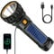 Qoolife Linterna solar LED recargable, funciona con pilas, linterna solar USB con 3 modos de luz, luz estroboscópica LED para camping al aire libre