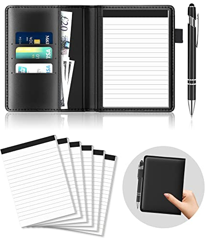 Mini Notizblock Halter Set A6 10 Stück, Kleiner Notizblock Halter Leder mit 8 Ersatzblöcke Taschen Notizblock Klein mit Metallstift Multifunktionaler Notizblöcke Liniert Geschäft Notizblockhalter Set
