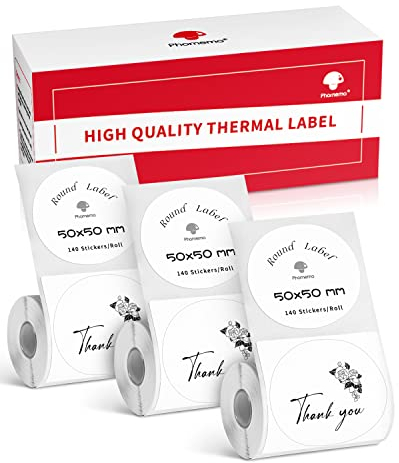 Phomemo Rundes Thermoetiketten Logo Aufkleber für M220 M250 M221 M120 M150 M108 M110 M421 Etikettendrucker, Selbstklebendes Etikettenpapier für Logo-Druck, 3 Rolle, 50x50mm, 140 Etiketten/Rolle
