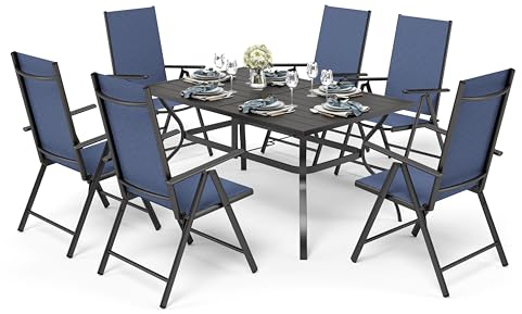 PHI VILLA Gartenmöbel Set Wetterfest Balkonmöbel Gartentisch mit Stühlen152×95 Metall Gartentisch 7-Fach Verstellbar Hochlehner Klappbar Sets of 6, Terassenmöbel Außen Grau