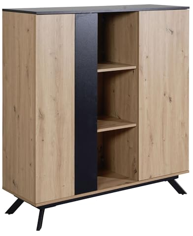 FineBuy Highboard 110x125x40 cm MDF Sideboard in Eiche-Dekor/Schwarz, Kommode mit 2 Türen, Kommodenschrank mit Regal, Flurschrank Modern, Standschrank Anrichte mit Metallbeine
