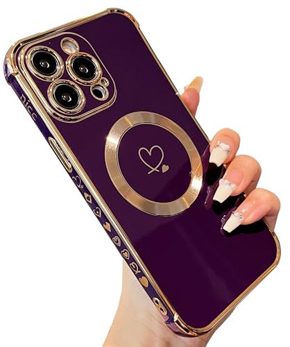 ZTOFERA Magnetic Case for iPhone 14 Pro Max Compatible with MagSafe, Flexible Soft Silicone Protective Phone Case with Cute Love Heart Pattern Golden Rim Shockproof Bumper Cover, Dark Violet