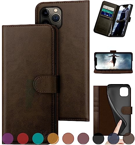 DuckSky for iPhone 11 Pro Max Genuine Leather Wallet case 【RFID Blocking】【4 Credit Card Holder】【Real Leather】 Flip Folio Book Phone case Protective Cover Women Men for apple 11ProMax case Brown