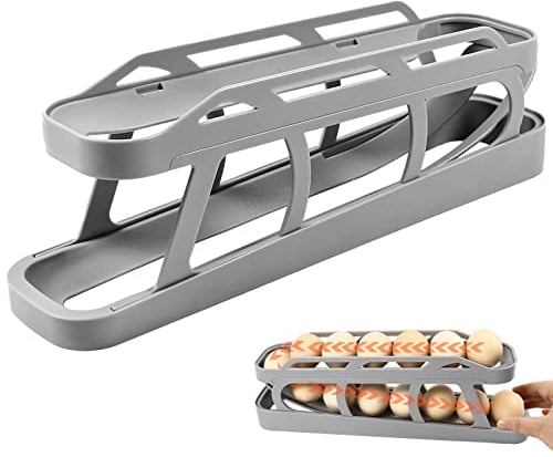 Tefola 2 Tier Egg Holder Fridge, Auto Rolling Egg Dispenser for Fridge, Space-Saving, Not Tip Over, Holder 12-14 Eggs, Egg Tray Fridge, Egg Box Fridge, Kitchen Egg Storage Organizer(Grey)
