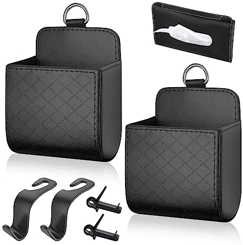 WZYTEU 2 STK Auto Ablagefach, Leder Auto Air Vent Outlet Organizer, für Handys, Stifte, Brillen, Schlüssel, Münze, mit 1 Sonnenschirm Tissue Box & 2 Autohaken(Schwarz)