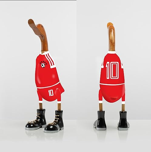 Rikmani - Holzfigur Ente Fussballer ROT 100% Natur Original - Handgefertigte Figur aus Holz 26 cm