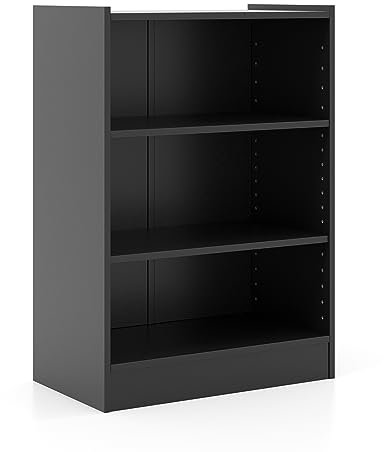 SFAREST Wooden Bookcase, 3-Tier Compact Storage Bookshelf with 18-Positions Adjustable Shelves & Anti-toppling Device, Display Stand Shelving Unit for Office Bedroom Living Room (Black)