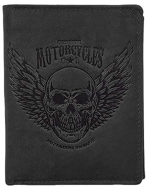 LOLUNA® Portefeuille tête de Mort Cuir Vintage, RFID Blocage, 3 Volets avec Pression, Carte, permis, identité et Monnaie - Idée Cadeau (Noir Tete)