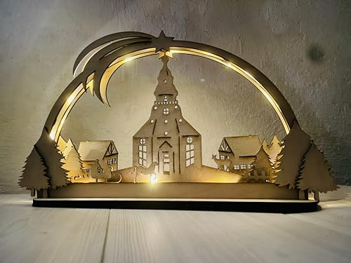 Schwibbogen handgefertigt seidener Kirche Weihnachten mit led Beleuchtung (30cm)