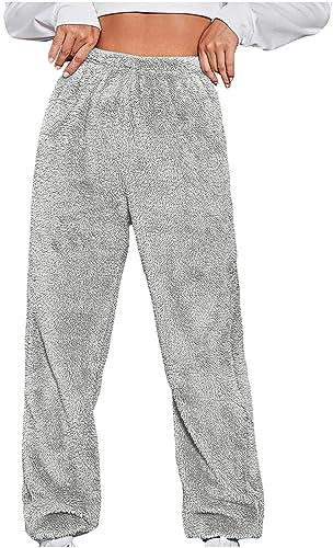 Women's Fuzzy Fleece Pajama Pants - Comfy Warm Lounge Long Sleepwear Velvet Home Oversized Jogging Tracksuit Bottoms With Pockets
