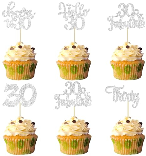 30Pcs Happy 30th Birthday Cupcake Toppers Silver Glitter Thirty Cheers to 30 Birthday Cupcake Picks for Happy 30th Birthday Anniversary Party Cake Decorations Supplies