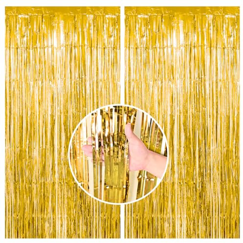 Lametta Vorhang Gold, 2 Stück Metallic Folie Fransen Lametta Vorhänge, Streamer Tinsel Curtain Photo Booth Backdrop für Geburtstag Babyparty Abschlussfeier Hochzeit Weihnachten Partydeko(1m x 2m)