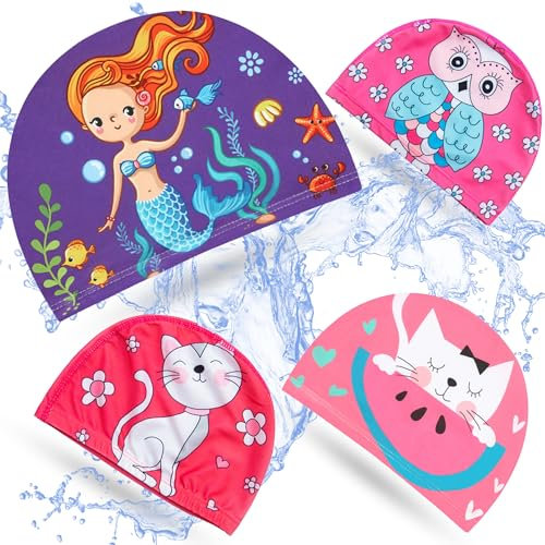 4 Unidades de Gorros de Piscina para Niña, Gorros de Tela de Natación para Niña, Gorro Piscina Bebé, de 1 a 6 Años, Gorro Elástico Apto para Pelo Largo, Gorro de Natación con Dibujos. (Rosa)