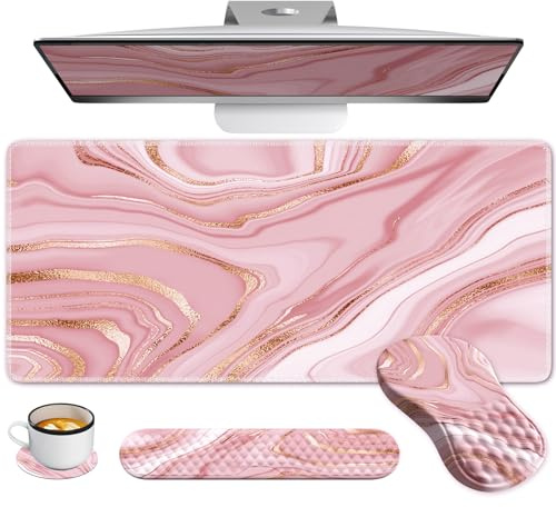 Anyshock Tapis de bureau rose, tapis de bureau pour souris, tapis d'ordinateur, tapis de souris et repose-poignet pour clavier, repose-poignet en mousse à mémoire de forme pour souris (or rose, rose)