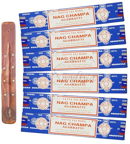 Satya Nag Champa Agarbatti Incense Sticks | x6 pack | with SAMASIA incense sticks holder | Used for Aromatherapy, Spa, Yoga, Weddings, Meditation, Healing, Positivity and Relaxation