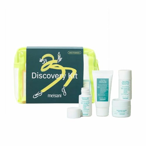 Meisani Discovery Kit Geschenkset für koreanische Gesichtspflege mit Make-up-Entferner, Reiniger, Tonikum und Feuchtigkeitscreme, 4 Mini-Pads und Kulturtasche.