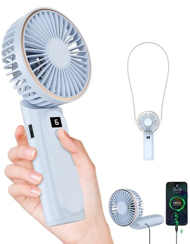 TUNISE tragbarer, wiederaufladbarer Ventilator, 4000 mAh, 180° verstellbar, 6 Geschwindigkeiten, Stromanzeige, faltbar, USB-wiederaufladbar
