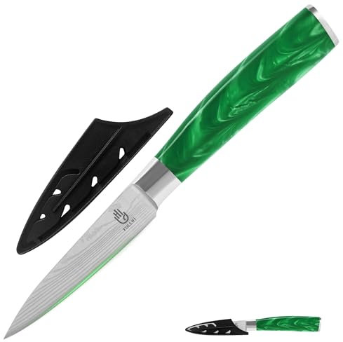 FULLHI Couteau d'office, couteau japonais multicolore de 3,5 pouces avec garde, couteau de cuisine en acier inoxydable avec étui (Resina verde)