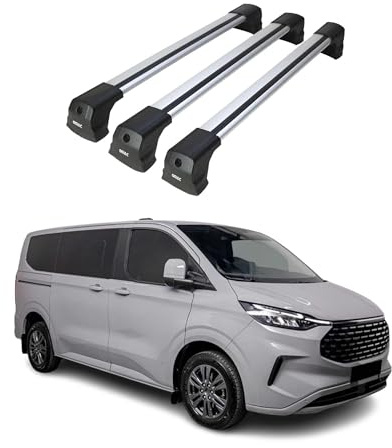 OMAC Dachträger Grundtäger kompatibel mit Ford Transit Custom/Tourneo Custom 2023-2025 Aluminium 75kg Silber 3tlg Fixpunkte für Fahrradträger, Dachboxen, Skiträger Abschließbar