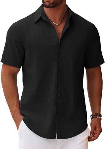 COOFANDY Mens Short Sleeve Shirts Summer Lightweight Linen Shirts Casual Cotton Shirt Regular Fit Solid Shirt with Pocket Black L