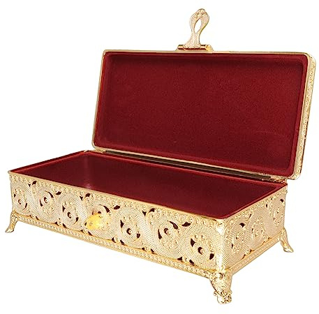 Fockety Vintage Metal Jewelry Box, 25cm Soft Velvet Trinket Storage Box Rectangle Treasure Chest Case, Earring Ring Necklace Bracelet Organizer Decorative Keepsake Box Birthday Gift (Gold)
