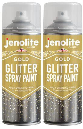 JENOLITE Lot de 2 bombes de peinture à paillettes transparentes dorées - 400 ml - Laque transparente avec paillettes fines - Multi-surfaces - Idéal pour cadres photo, miroirs, ornements et travaux