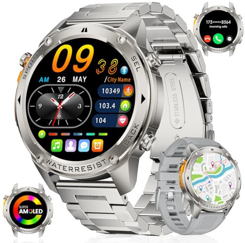 GPS Smartwatch Herren mit Kompass LED-Taschenlampe,1.43 AMOLED Fitnessuhr mit Telefonfunktion für Android iOS,600mAh Batterie,IP68 Wasserdicht Herzfrequenz/Schlafmonitor Männer Smartwatch Silber
