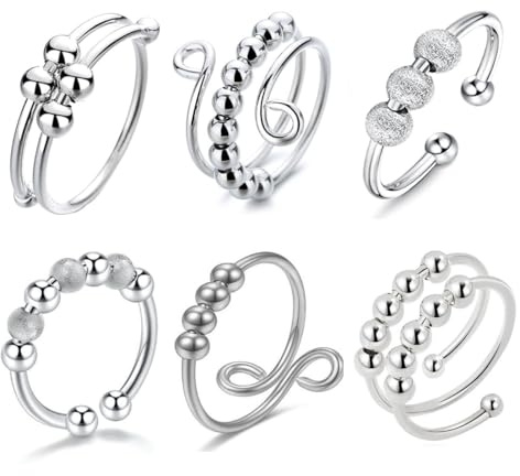 DEXYZZY Fidget Angst Ringe Set, Anxiety Fidget Ring, Anti-Stress Ringe mit Beweglichen Perlen, Verstellbare Anti Stress Ringe, Band Ring für Damen Herren Anti Stress Ängstlichkeit Entlastung