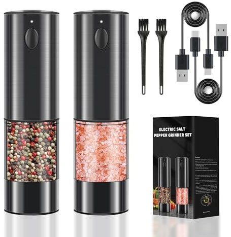 Haomacro Elektrische Salz und Pfeffermühle Set mit Größerer Kapazität, Usb Aufladbare Pfeffermühle Elektrische aus Edelstahl, Led-Licht, Einstellbare Grobheit