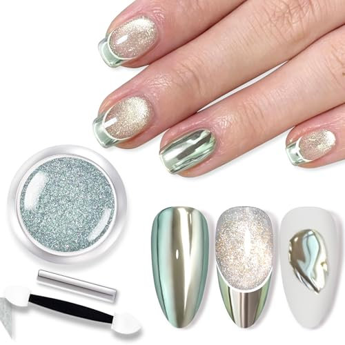 BORN PRETTY Chrome Nail Powder Magnetic Mirror Effect Powder for Nails High Gloss Green Pure Metallic Nail Glitter Manicure Pigments for Nail Art DIY Salon
