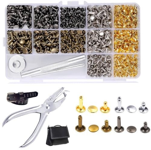 Rivets en Cuir 180 Pièces 3 Tailles Double Rivet Goujons Tubulaires en Métal Rivets Couture Sac,Rivets Cuir avec 3 Pièces Outil de Fixation et Punch Pince pour Artisanat en Cuir DIY Rivets,4 Couleurs