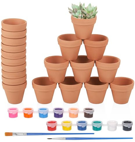 Hejo 20 Piezas Maceteros de Terracota, 3×3.5cm Mini Macetas de Barro, Macetas Pequeña para Pintar con 2 Pinceles y 12 Colores, Macetas de Terracota para Decoración Interior y Exterior (Marrón)