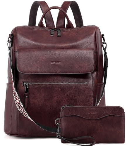 VASCHY Backpack for Women, Large Vegan Leather Rucksack with Wallet Set Convertible Handbag for Lady Guitar Strap Burgundy