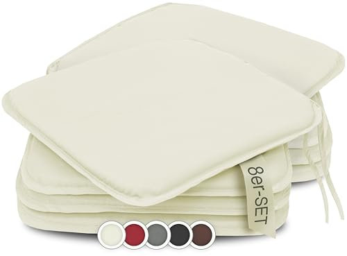 ZOLLNER 8er Set Sitzkissen in 38x38cm - gemütliche Stuhlkissen mit Bindebänder - waschbar bis 30°C - in Creme - Oeko Tex® Zertifiziert