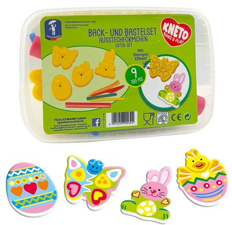 Feuchtmann KNETO Bake & Play - Kinder Back- und Bastel-Set Ostern, Hase, Küken, Schmetterling, Osterei, lebensmittelechte 3D-Stempel-Ausstecher zum Spielen und Backen