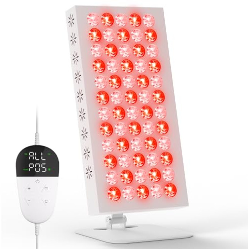 Rotlichtlampe Infrarotlampe Panel, Red Light Panel mit 60 LEDs | 660nm & 850nm, 10–30Min Timer, 5 Helligkeitsstufen, Kompakte Rotlicht Lampe mit Schutzbrille für Gesicht, Rücken-Weiß