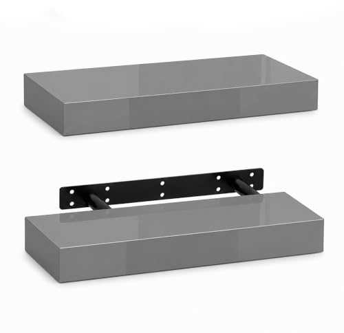 iTrend High Gloss Grey Floating Wall Shelf, Wall Mounted Floating Storage Shelves, Modern Book Shelf Display for Living Room, Bedroom, Kitchen & Bathroom, Bracket Included - 30cm, Pack of 2