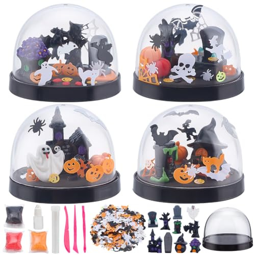 WEBEEDY 4 Sets DIY Halloween Schneekugel Bastelset Machen Sie Ihre Eigene Wasser Globus Mit 10 Stilen Geister Burgen Horror Halloween Ornament Und Komplette Werkzeuge Für Erwachsene Anfänger