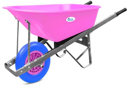 Equimed Garden Wheelbarrow - Trolley with 120L Plastic Bucket, Puncture-Proof PU Wheel, Galvanised Frame (Pink/Blue)