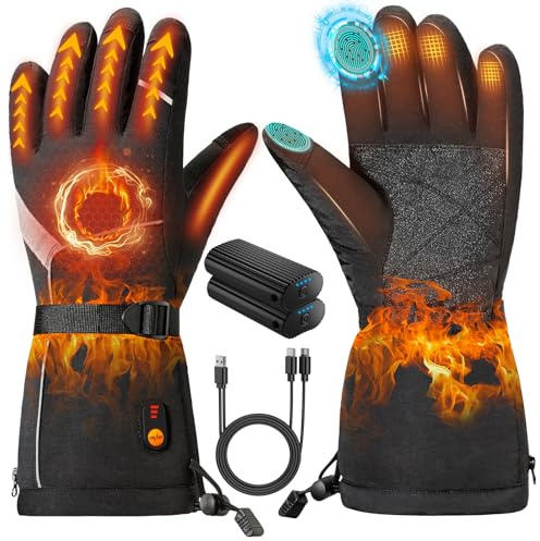 VIWKO Beheizbare Handschuhe Damen Herren,Elektrische Beheizte Handschuhe Mit 6000MAh 7.4V Wiederaufladbare Akkus, 3 Einstellbarer Temperatur, wasserdichte Touchscreen Heizhandschuhe