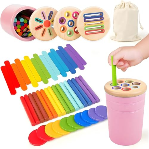 Holz Montessori Spielzeug ab 1 2 3 Jahr,3-in-1 Montessori Spielzeug,Holz Sortier & Stapelspielzeug,Kinder Farbe Sortierspiel,Lernspielzeug Geschenk für Kleinkinder,Geschenk für Mädchen Jungen