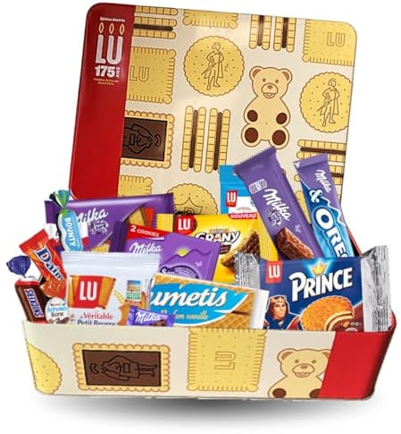 Boîte Collector LU - 20 biscuits et 30 chocolats MILKA, KINDER | Boîte métal collector réutilisable - cadeau, goûter, pause café, anniversaire - biscuits et chocolats en emballage individuel
